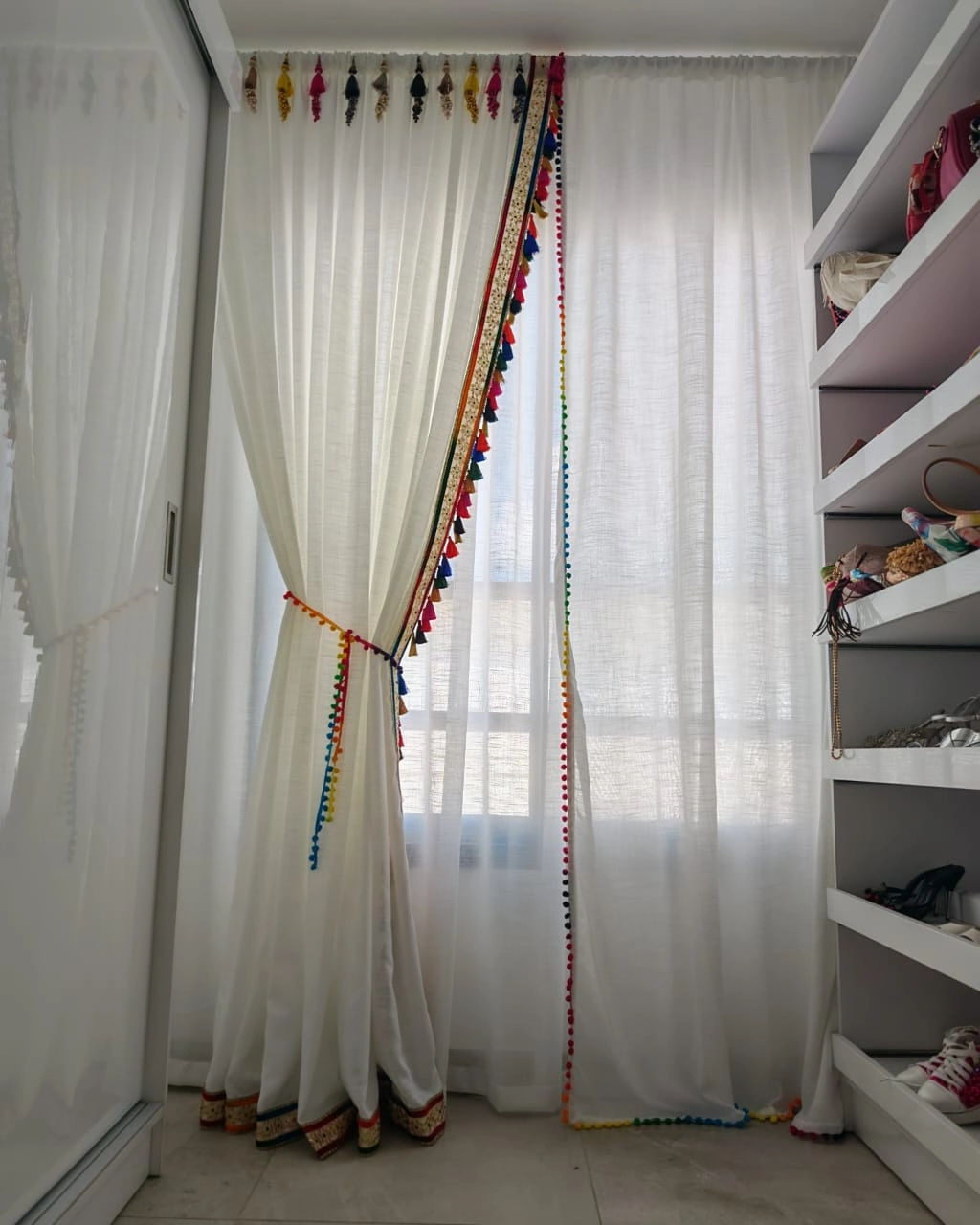 Sheer White Curtain with Multicolour Tassel Trim
