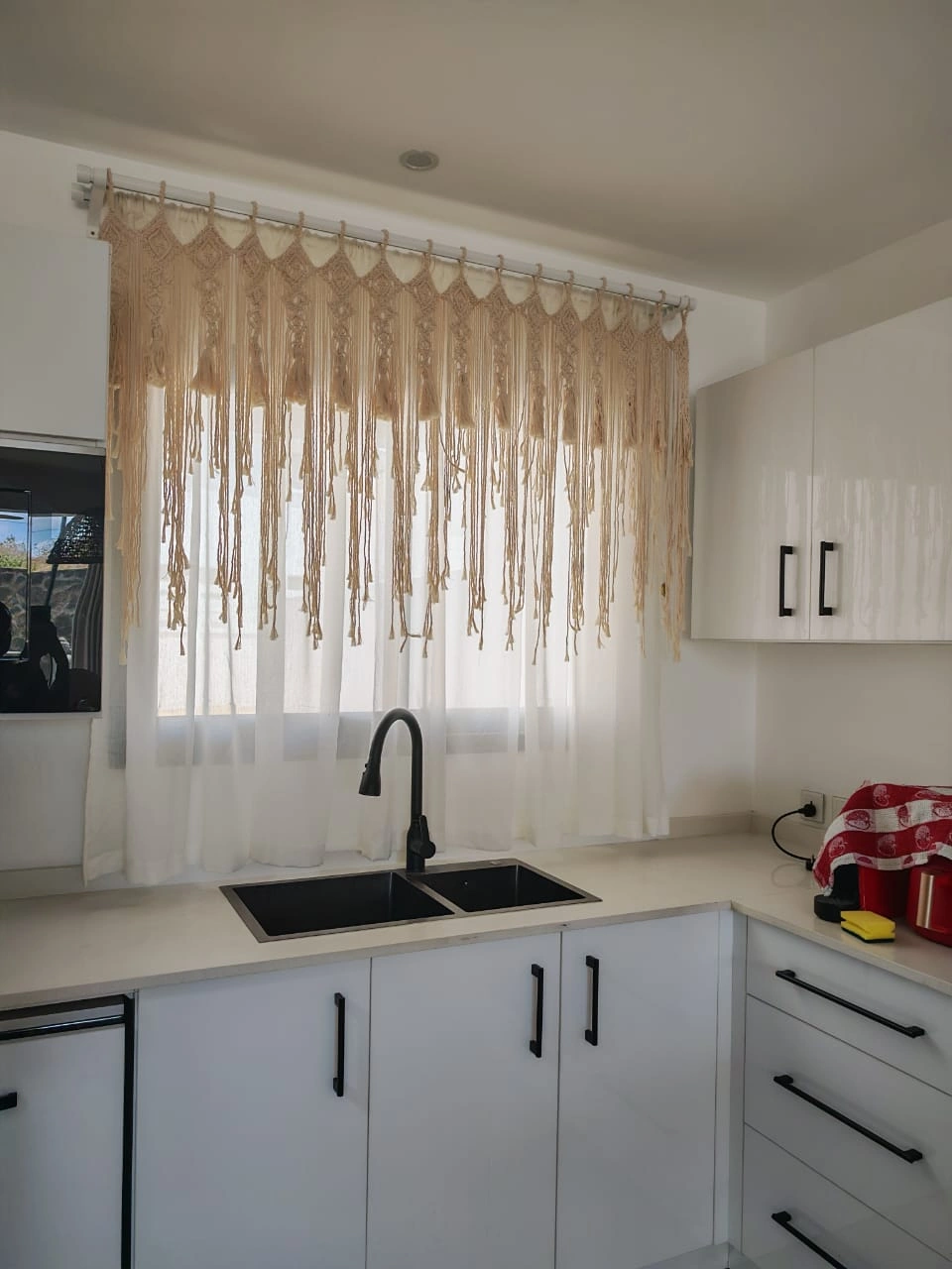 Sheer White Curtain with Multicolour Tassel Trim